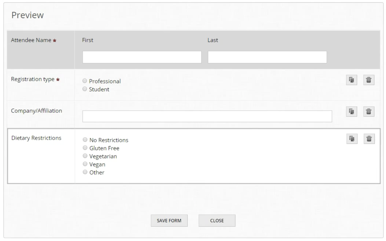 submission or registration forms