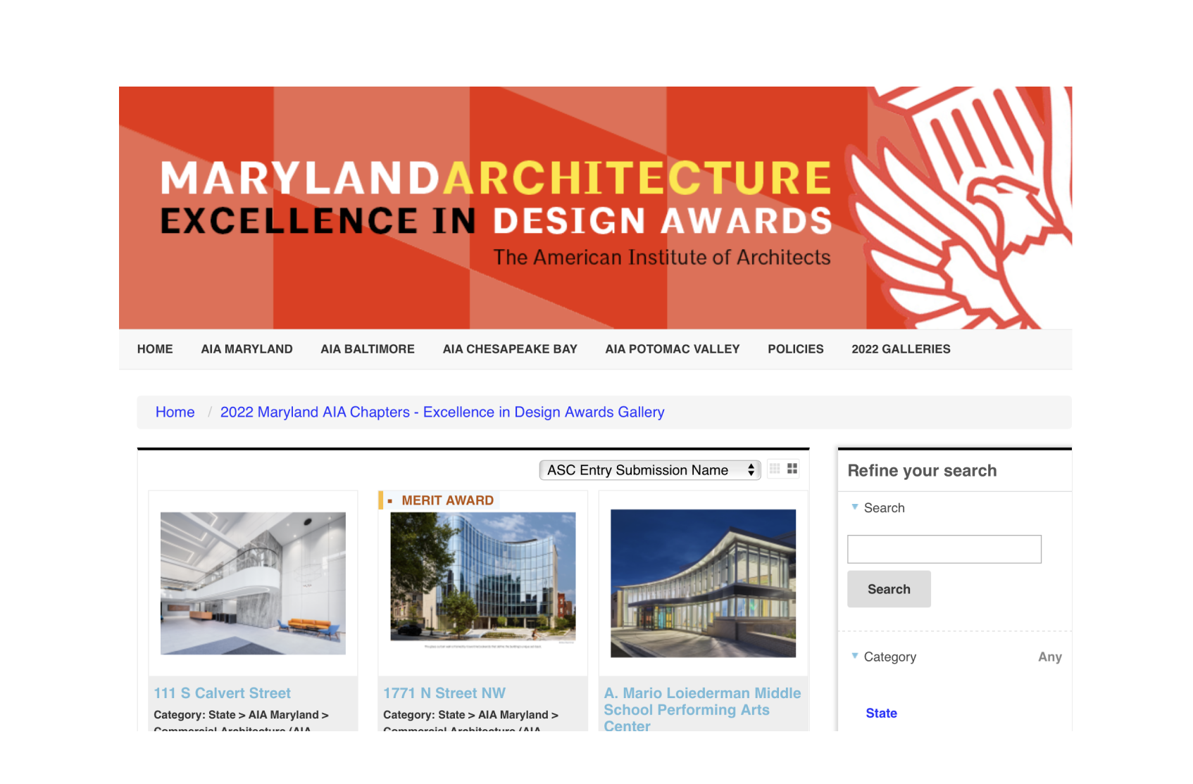 An example gallery of award winners made by the Maryland Chapter of the American Institute of Architects using OpenWater’s awards management software.