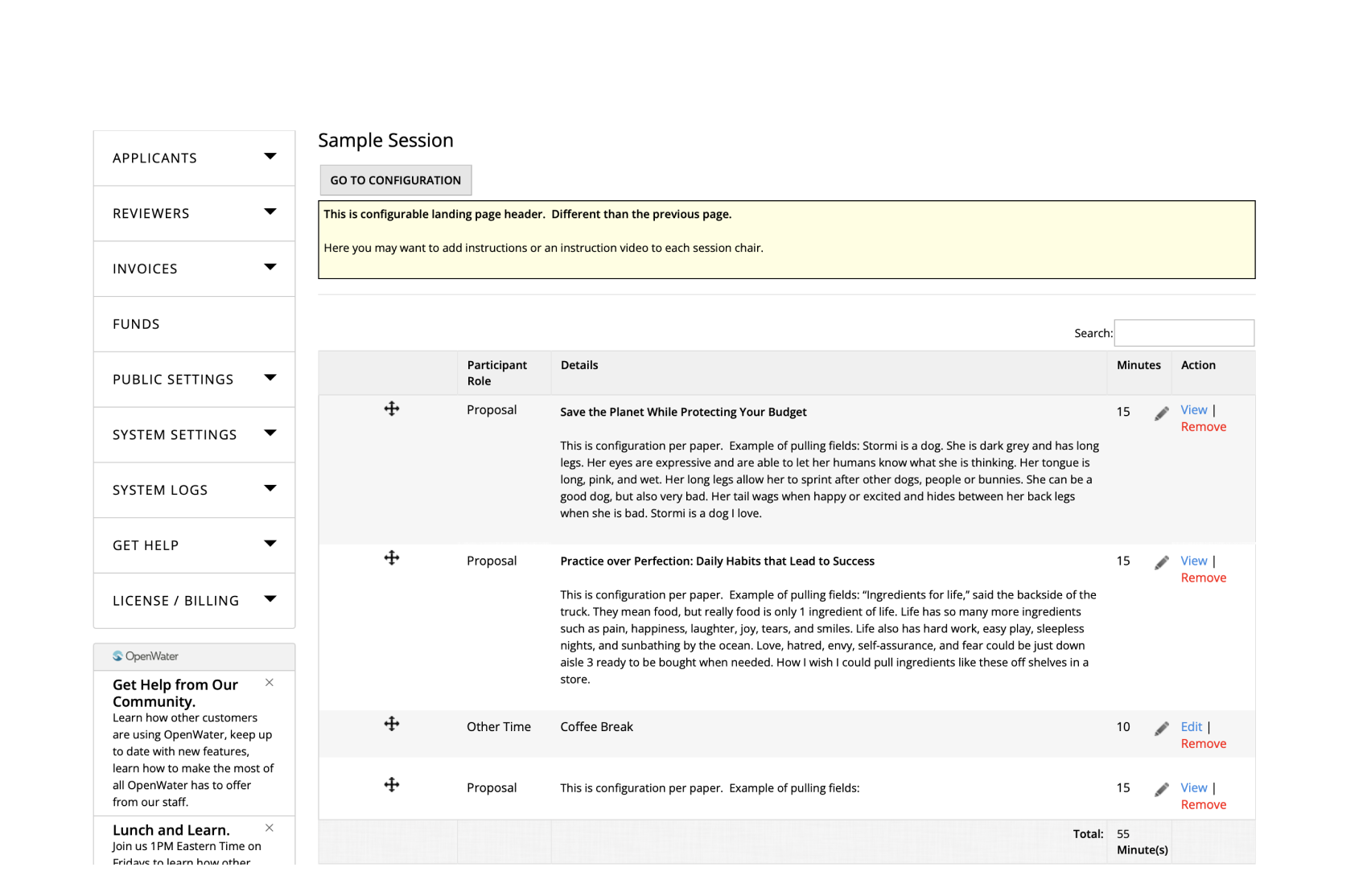 The session builder tool in OpenWater’s abstract software.