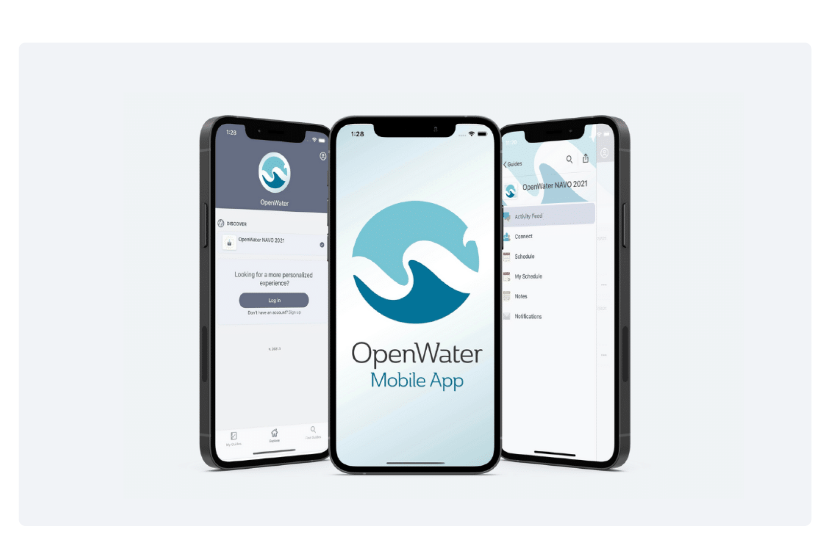 Three views of the OpenWater abstract management mobile app on smartphone screens.